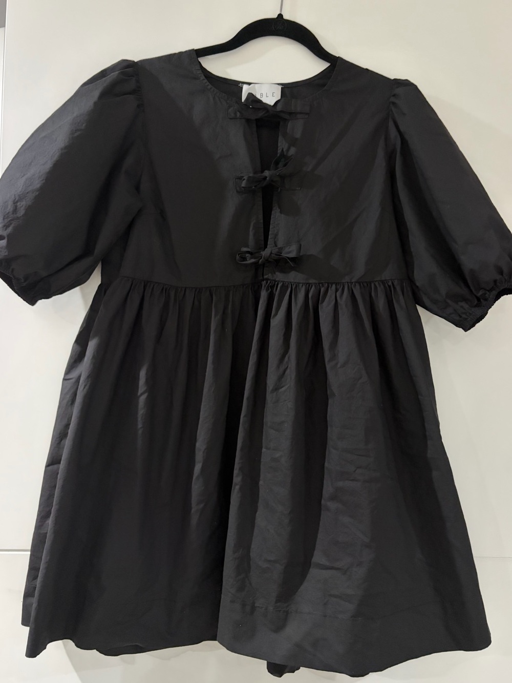 MABLE Puff-Sleeve  Dress with 3 Front Ties, Women’s Black Small Mini Dress
